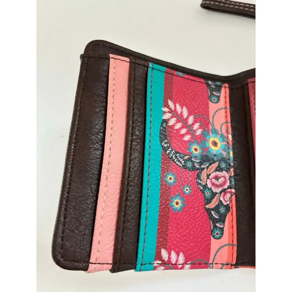 Catchfly Wallet Mini Coral/Turquoise Steer Head Print Wristlet 4.5